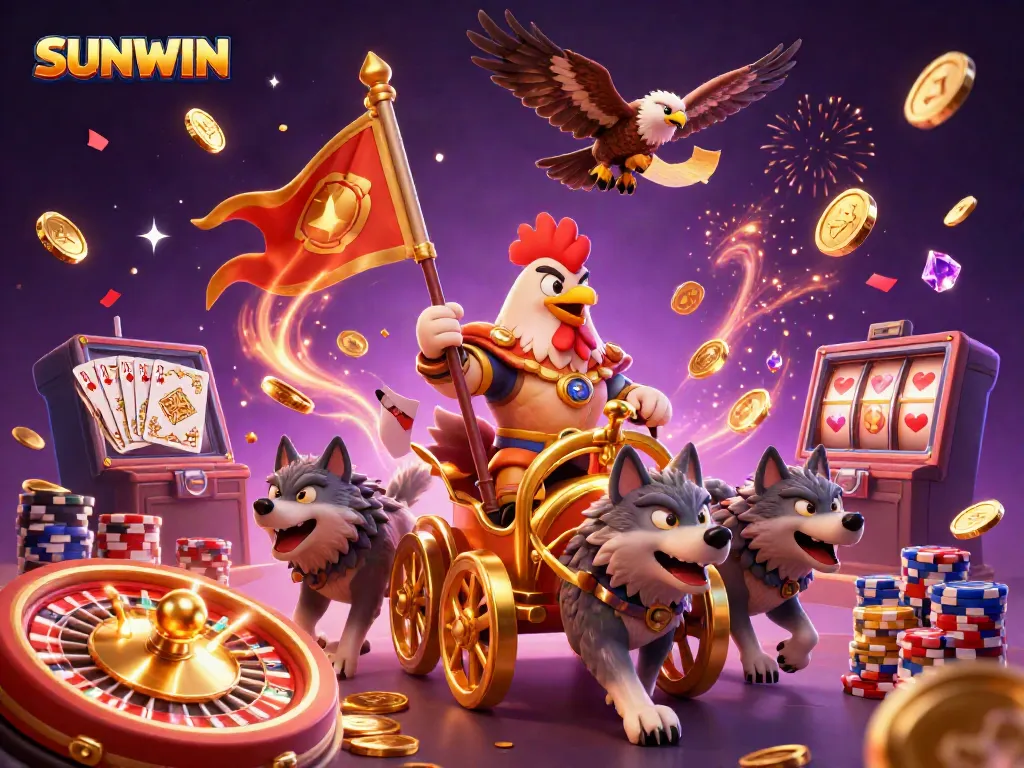 SUNWIN showcases a dynamic scene with a rooster warlord, golden chariot, and casino elements in action.