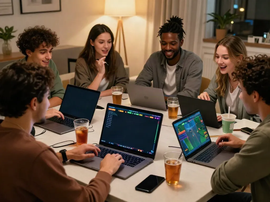 Excited friends exploring sports betting on https://debet.gb.net/ in a cozy living room.