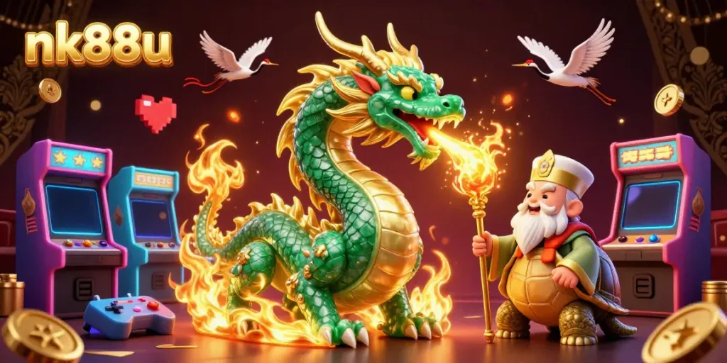 Engage with thrilling games at nk88u, featuring a massive dragon and vibrant arcade elements within an enchanting casino scene.