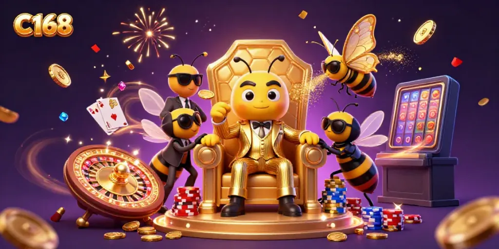 Experience C168’s vibrant gaming universe with a dynamic scene showcasing a bumblebee mob boss and gambling elements.