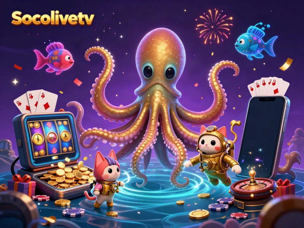 Socolivetv showcases an exciting casino scene with a kraken and diving cat enjoying slot games and golden treasures.