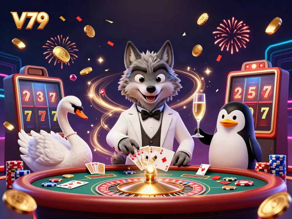 Experience thrilling moments at V79 casino with a wolf, swan dealer, and penguin sommelier.