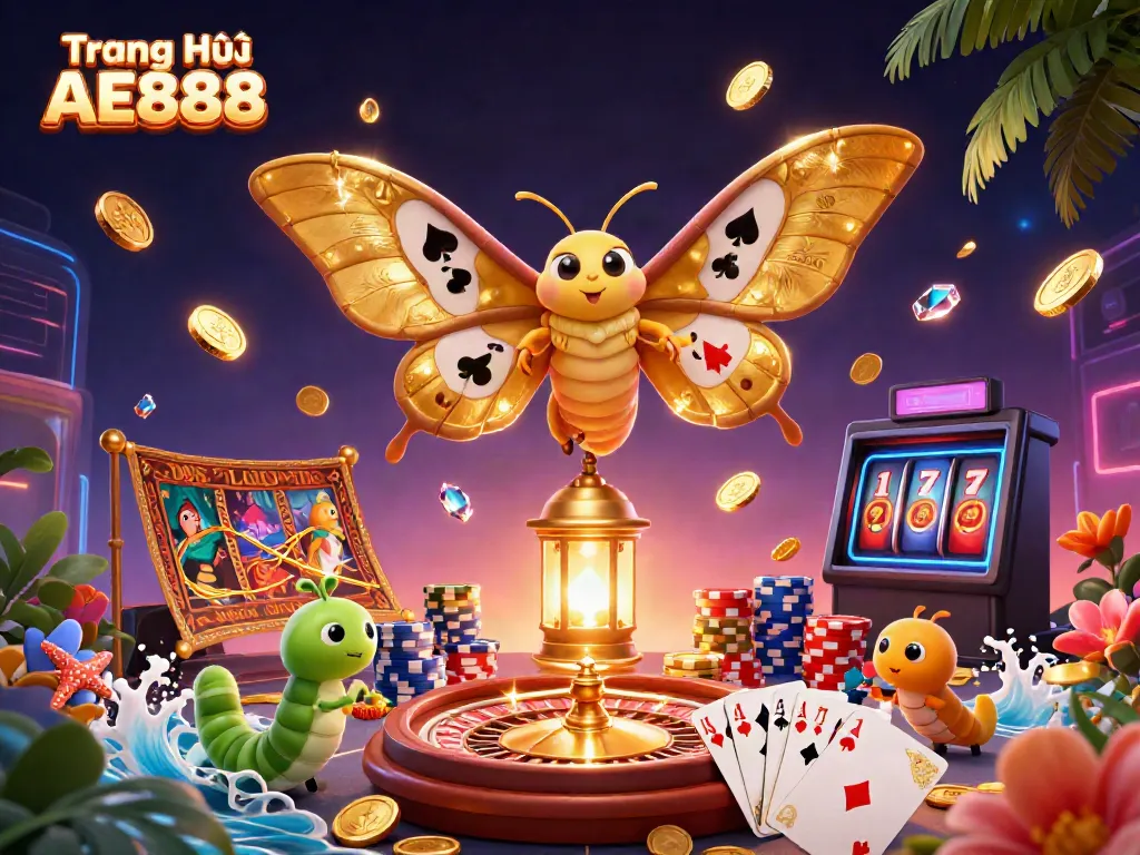 Experience the excitement of Trang Chủ AE888 with dazzling casino elements and vibrant illustrations.