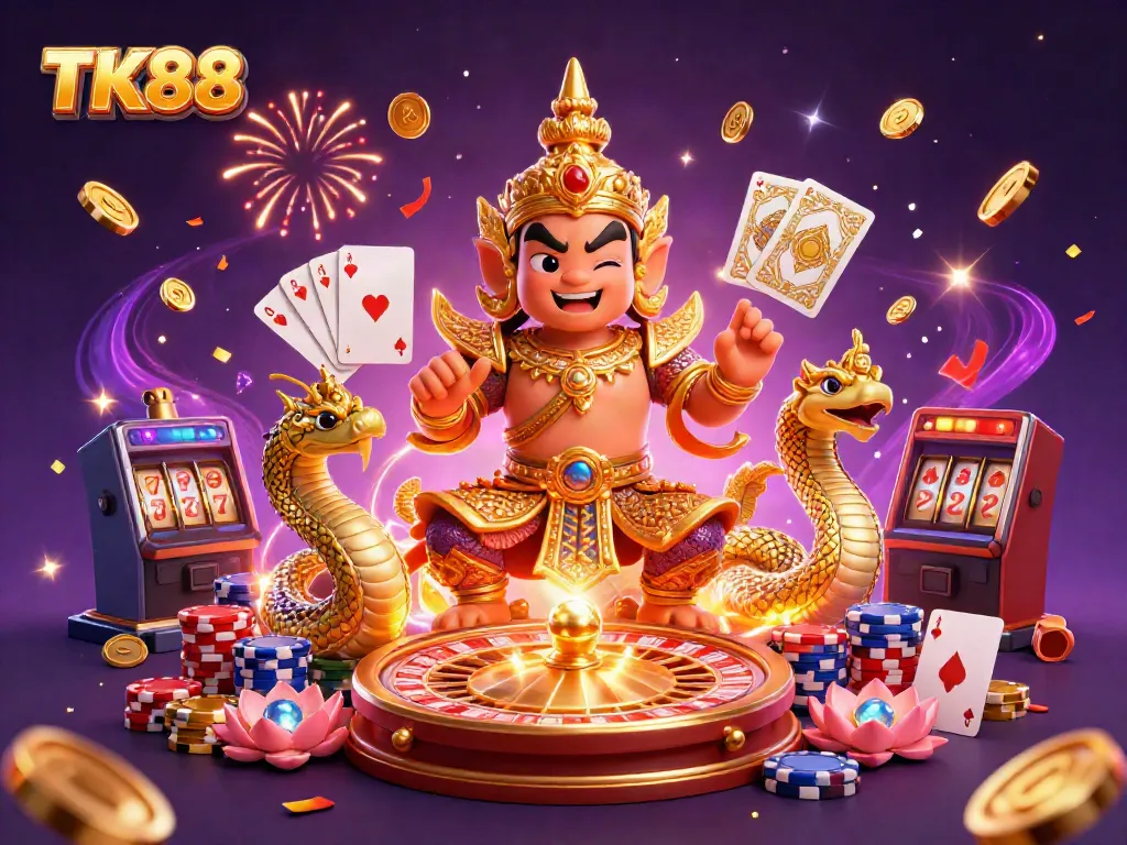TK88 sportsbook features a vibrant 3D casino scene with golden coins, cards, and roulette.
