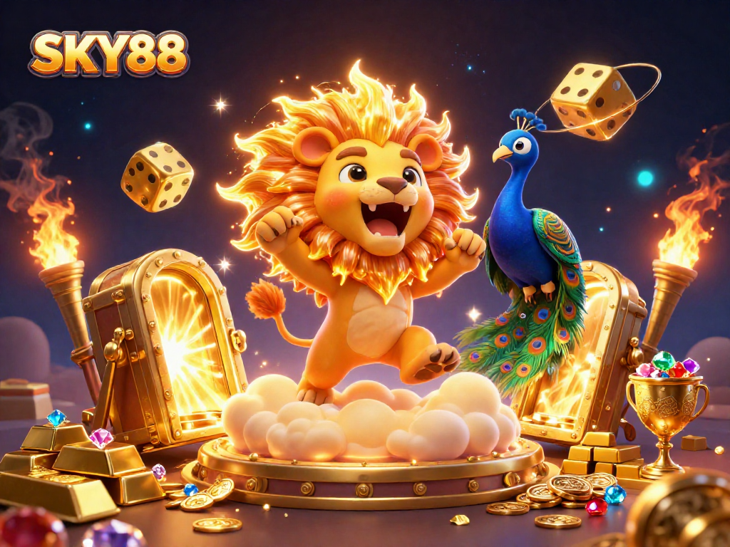Experience the thrilling action of SKY88 as the roaring lion leads players through a golden treasure-filled world.