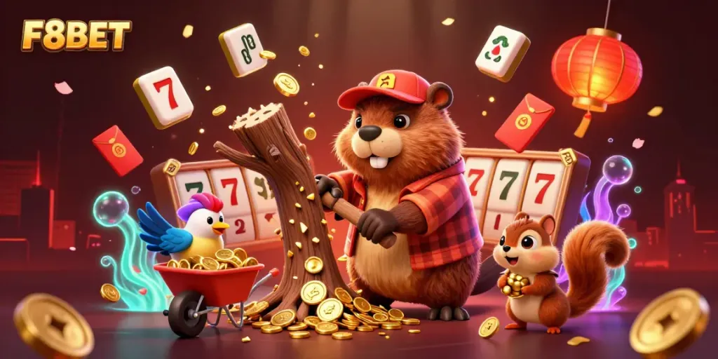 F8BET features exciting gaming elements with a beaver character capturing golden coins in a vibrant scene.