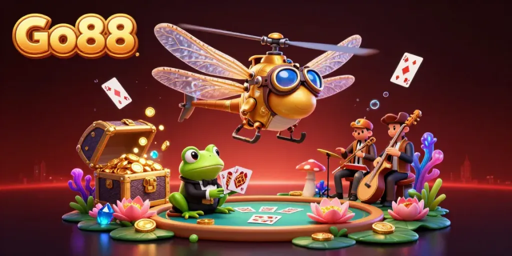 Engage with Go88 in an exciting underwater casino scene featuring vibrant characters and dynamic game elements.