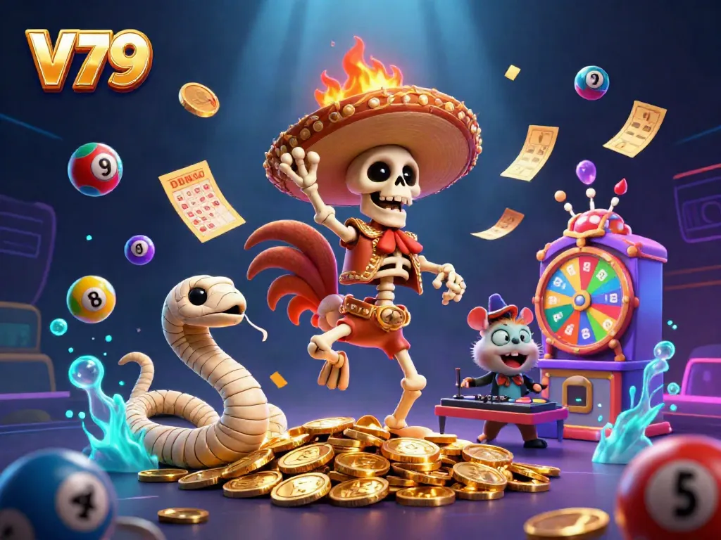 V79 showcases vibrant online casino action with dynamic characters on a gold coin pile.