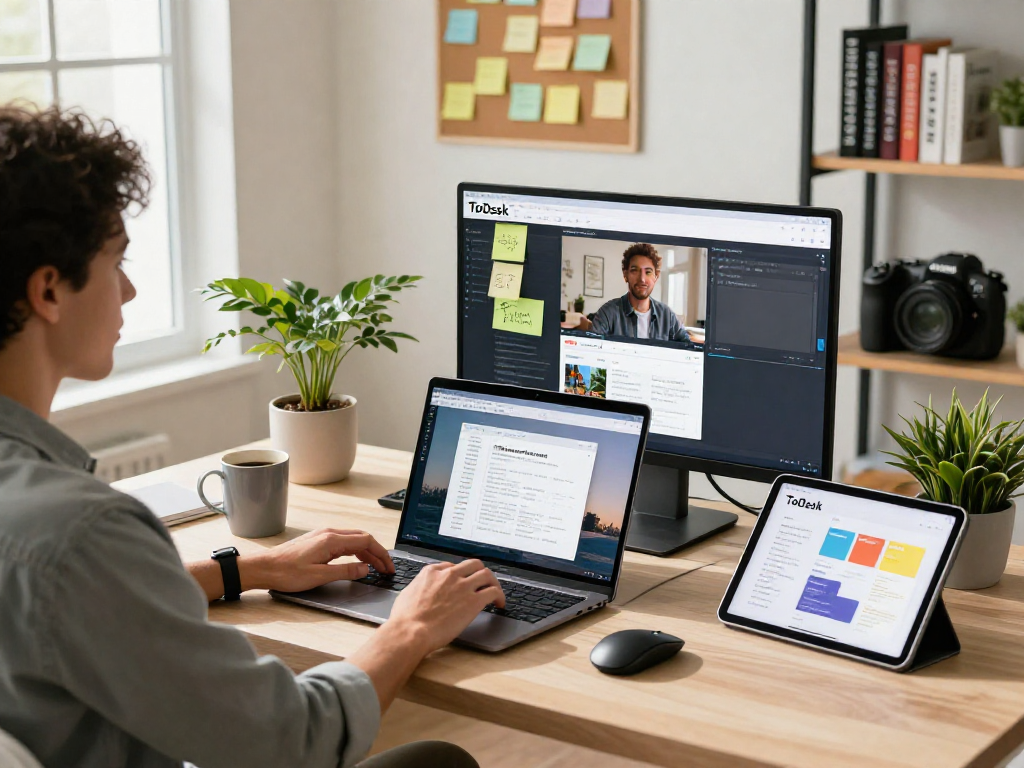 Seamless remote work setup with ToDesk software on a laptop in a modern home office.