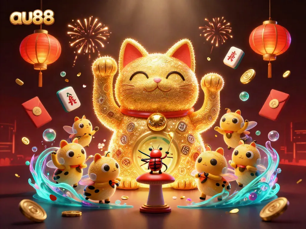 Engage with the vibrant world of au88, featuring a lucky cat and dazzling casino symbols in a dynamic celebration.