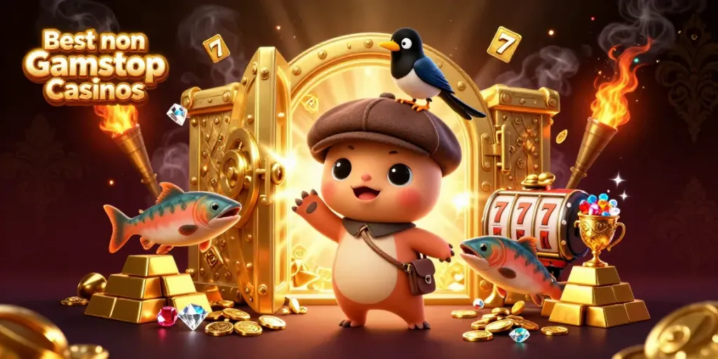 Engage in the excitement of Best non Gamstop Casinos with adorable characters diving into treasures and slots.