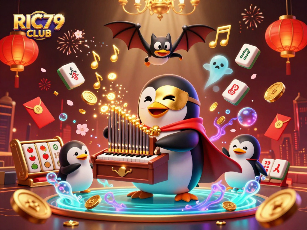 Experience thrilling moments at RIC79 CLUB with a captivating casino scene featuring a penguin organist, gold coins, and vibrant game elements.