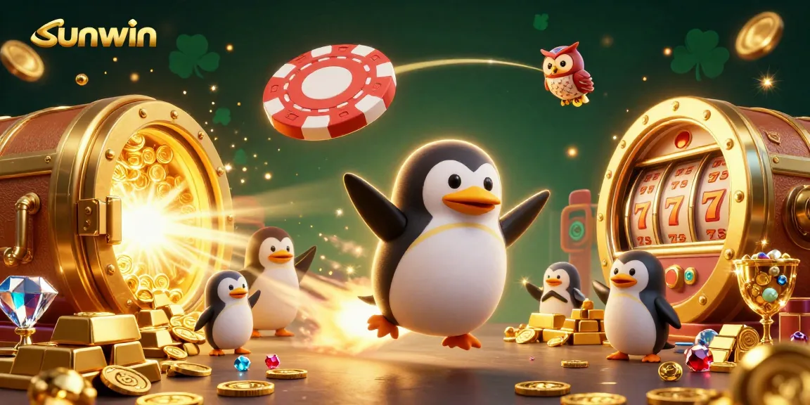 Experience exciting wins at sunwin with a golden penguin racing toward jackpot riches in a vibrant casino space scene.
