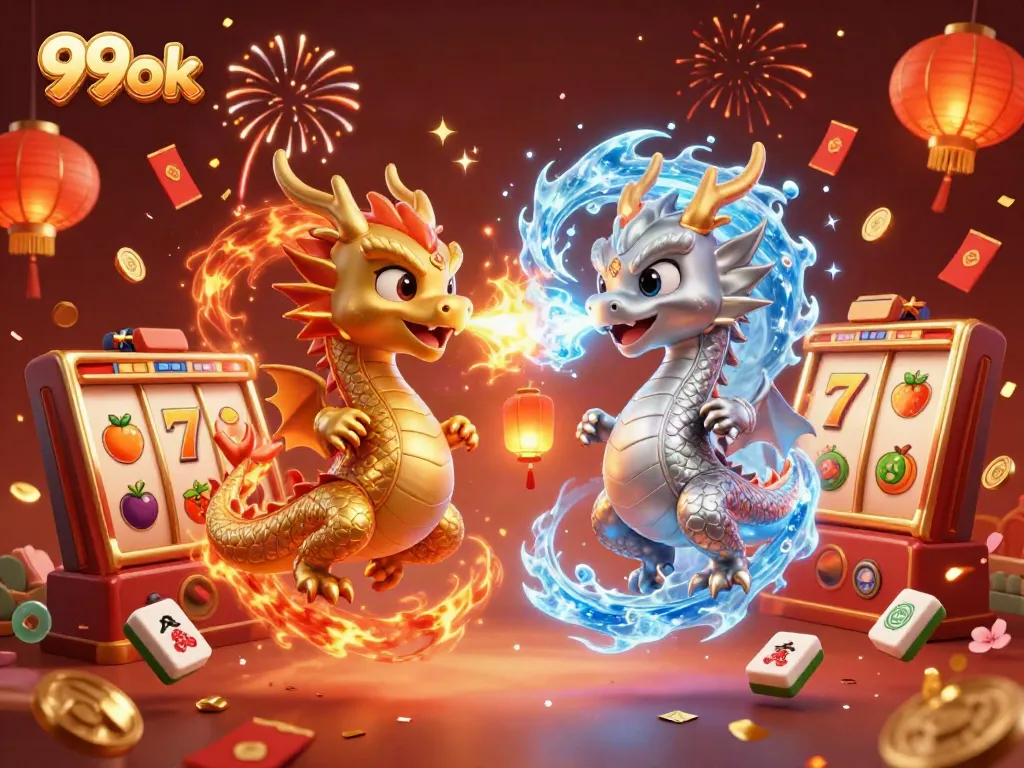 Engage in the vibrant world of 99ok with this colorful scene showcasing winning slot symbols and animated dragons.