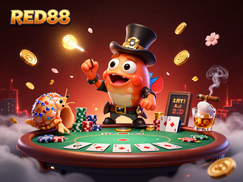 Engage with RED88's thrilling casino scene, featuring a dynamic poker table and vibrant characters.