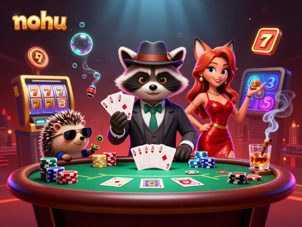 Experience nohu gaming thrills with a suave raccoon, glamorous fox, and a hedgehog bouncer in an engaging casino scene.