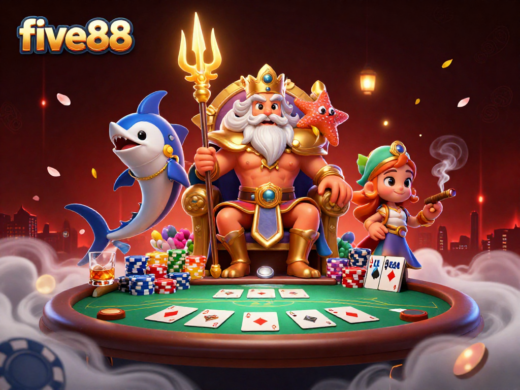 Experience thrilling poker action at five88 with Neptune, chips, and glowing cards