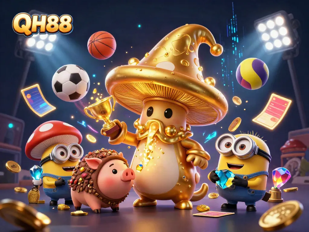 Engage with QH88 through this vibrant fantasy scene depicting a magical wizard, sports, and treasures.
