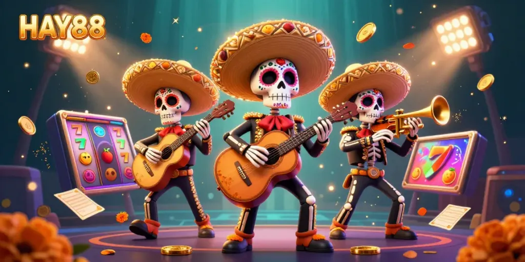 Join the HAY88 excitement with vibrant 3D casino elements, showcasing skeleton mariachi musicians.