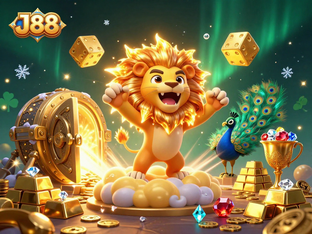 Roar with J88's sun lion as it showcases golden treasures and vibrant casino elements.