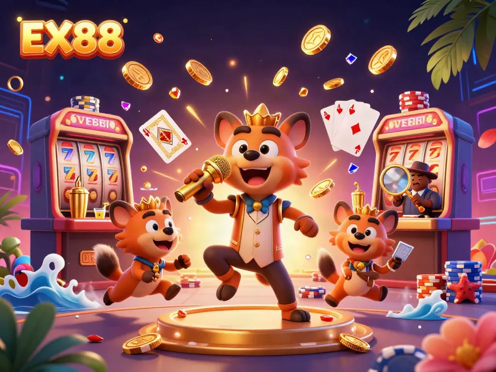 Experience the vibrant EX88 casino club with hyenas mixing drinks, telling jokes, and celebrating wins.