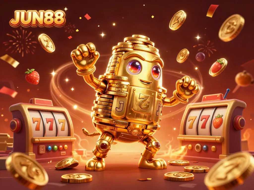 Experience the excitement of JUN88 with a dynamic 3D illustration of a golden golem surrounded by vibrant slot game elements.