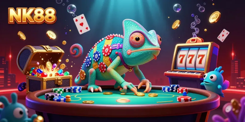 Experience the vibrant casino atmosphere of NK88 with a charming chameleon owner among slot reels and ocean treasures.