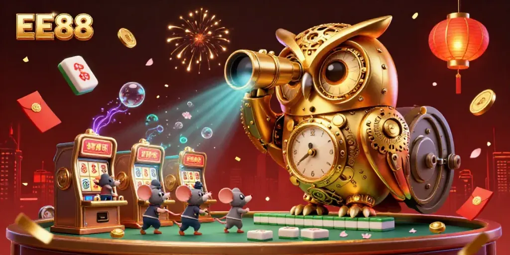 Win big at EE88 with a golden owl overseeing dynamic casino action amidst vibrant gaming elements.
