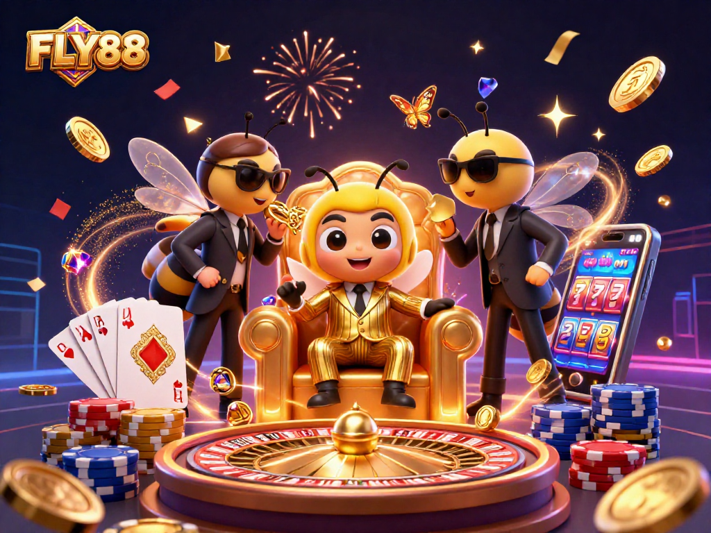 FLY88 features a vibrant 3D illustration with a mob boss bee in a casino setting, showcasing thrilling games.