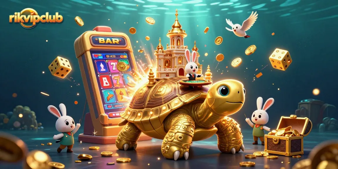 Experience the excitement at rikvipclub with a dazzling casino scene featuring a majestic golden tortoise and vibrant game elements.
