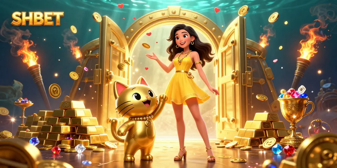 Roll the dice at SHBET with a cheerful Asian woman and a golden lucky cat amidst sparkling treasures.