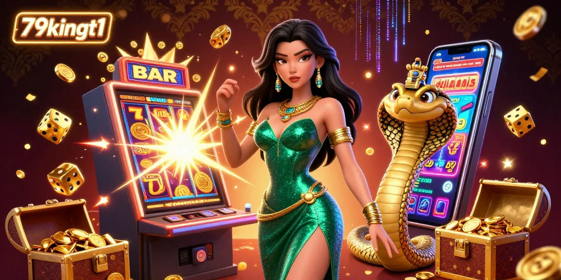 Experience thrilling gameplay with 79kingt1, showcasing vibrant slot machines and a captivating 3D character.