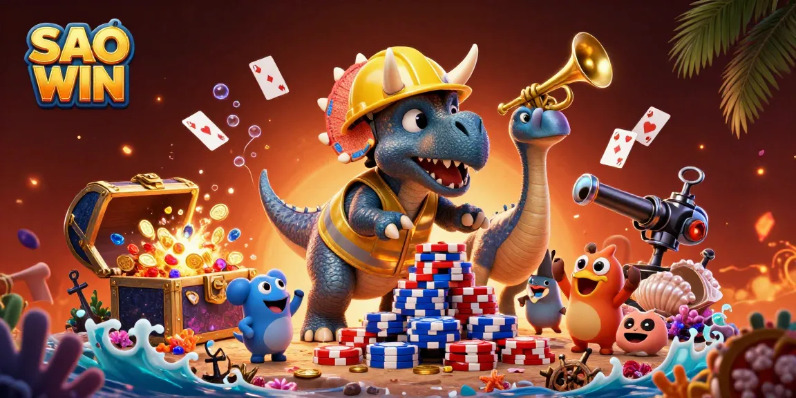 Sparkling celebration of SAO WIN with cartoon dinosaurs building poker chips and treasures.
