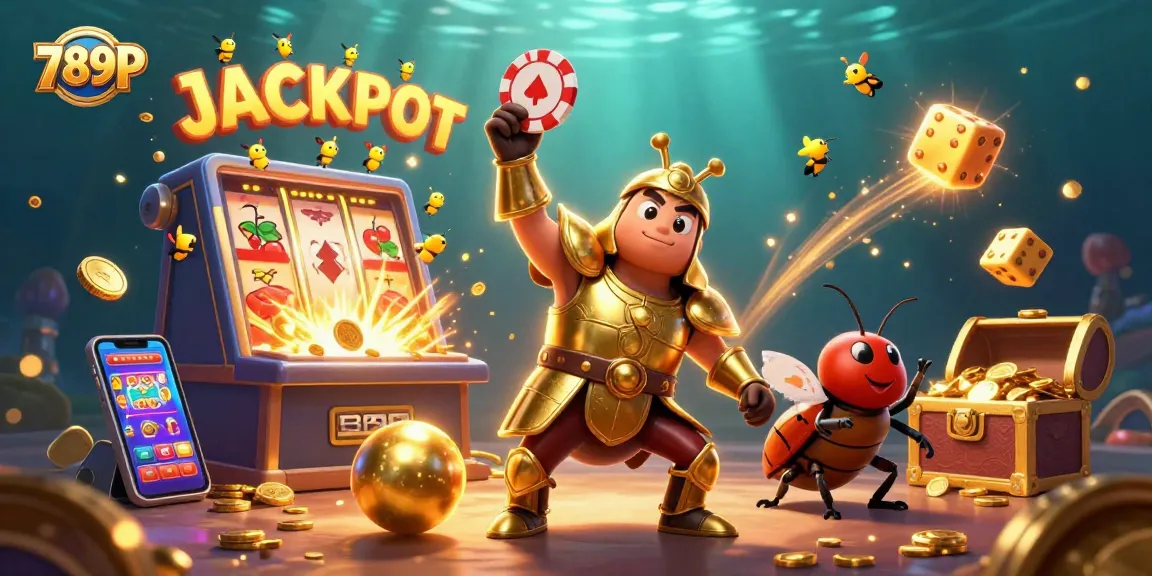 Celebrate wins with 789P in a vibrant casino scene featuring beetles and jackpots.
