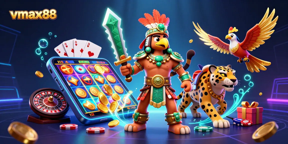 The vmax88 site portrays Aztec warriors amidst vibrant casino elements, showcasing thrilling gaming action.