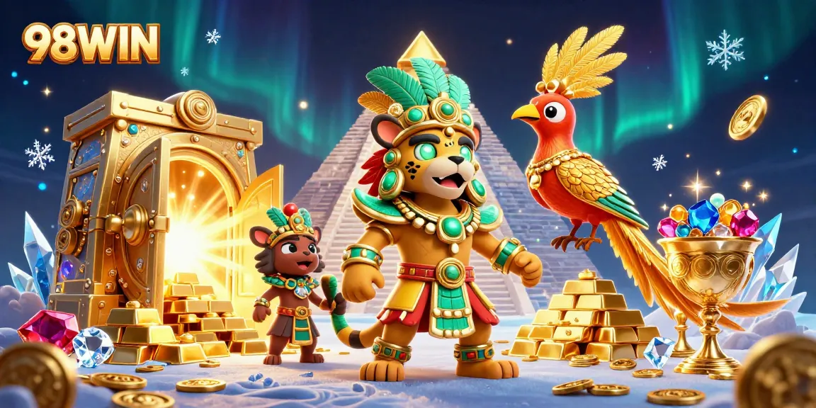 Bet on thrilling scenes with 98WIN featuring a Mayan priest, gold, and vibrant gems.