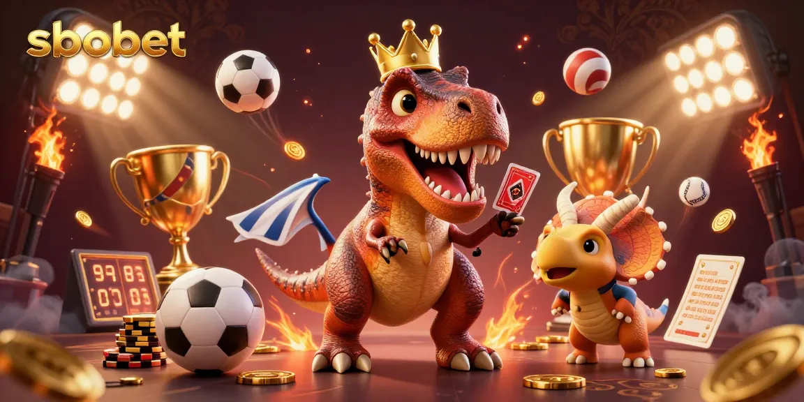 sbobet enhances excitement as a T-Rex and friends shuffle cards and stack chips, showcasing epic sports betting action.