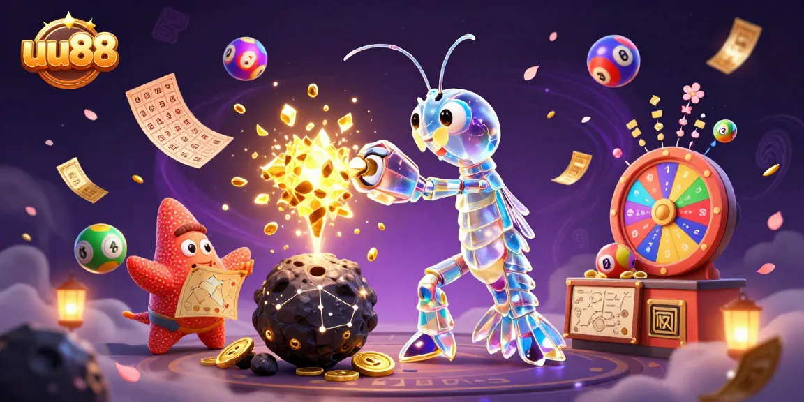 Engage with exciting games at uu88, showcasing a dynamic 3D lottery scene bursting with colors.