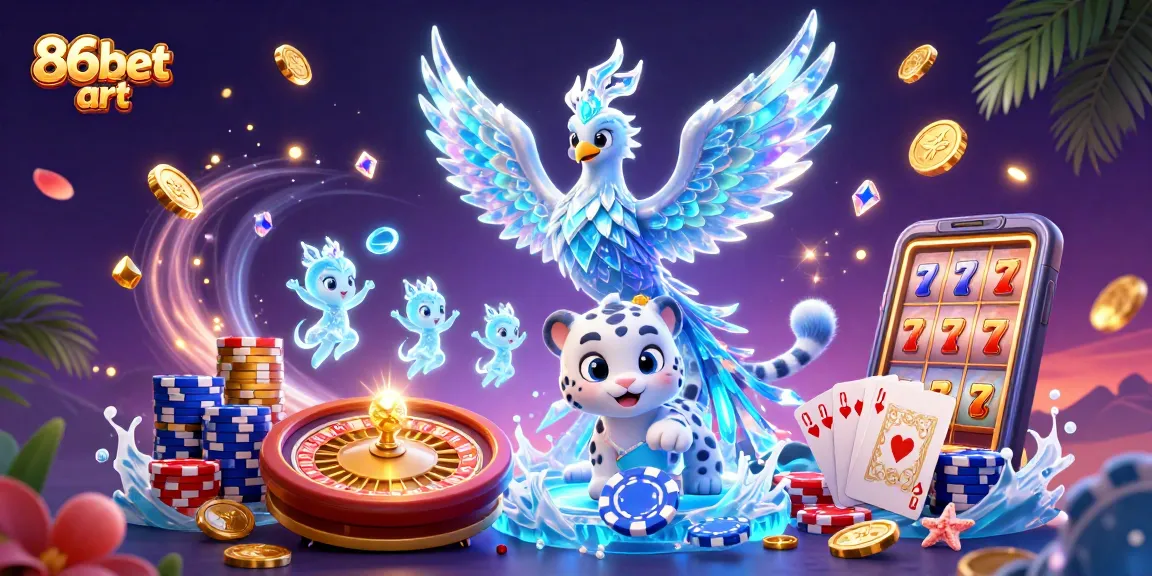 Experience winning at 86bet art with vibrant gaming characters and casino elements in dynamic play.
