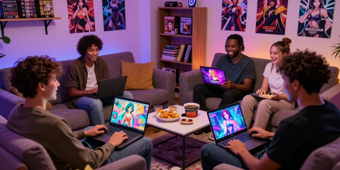 Engaging scene with players enjoying trans hentai game on laptops in cozy living room.