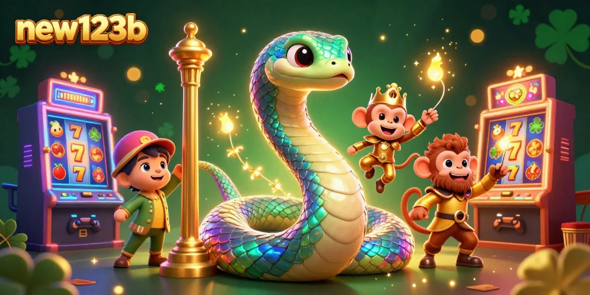 Spin the reels with new123b's colorful slot machines and magical creatures in a vibrant casino scene.