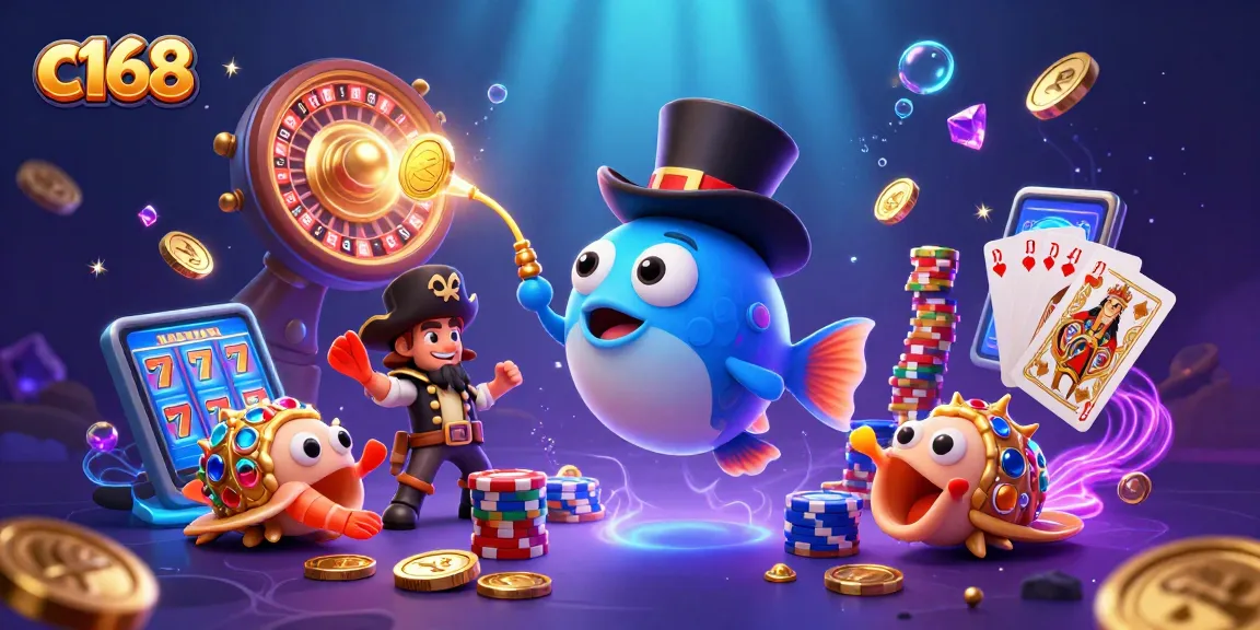 Experience c168's vibrant casino adventure with a deep-sea anglerfish and treasure-filled characters.