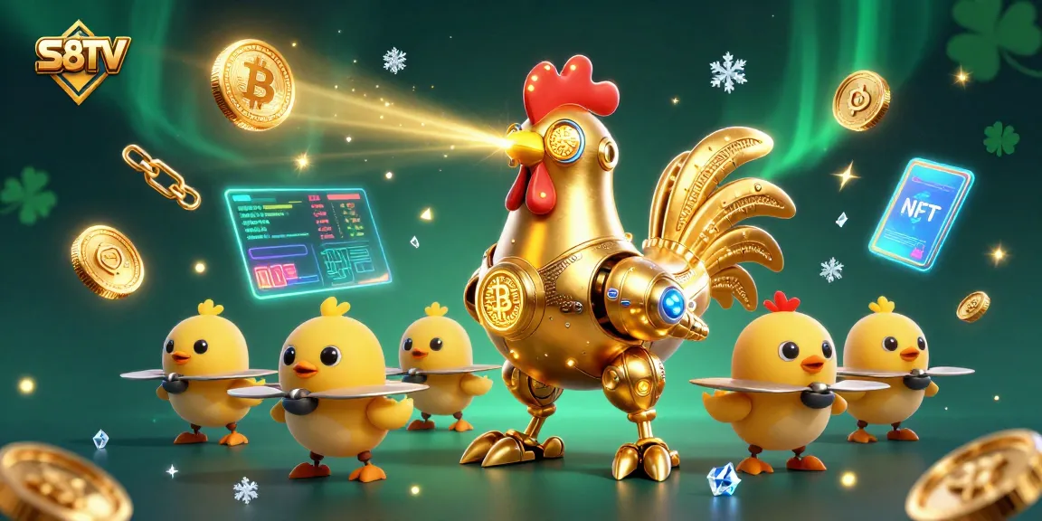 S8TV showcases an action-packed scene with a golden rooster robot and baby chick drones in a vibrant gambling-themed world.