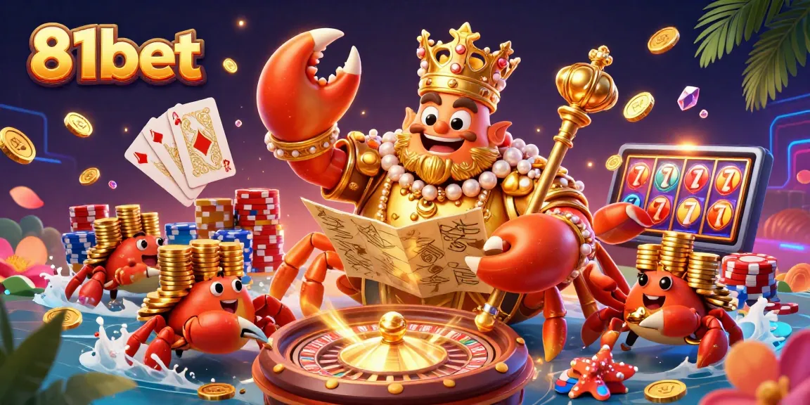 Experience the excitement of 81bet with a golden crab emperor and treasure-filled casino scene