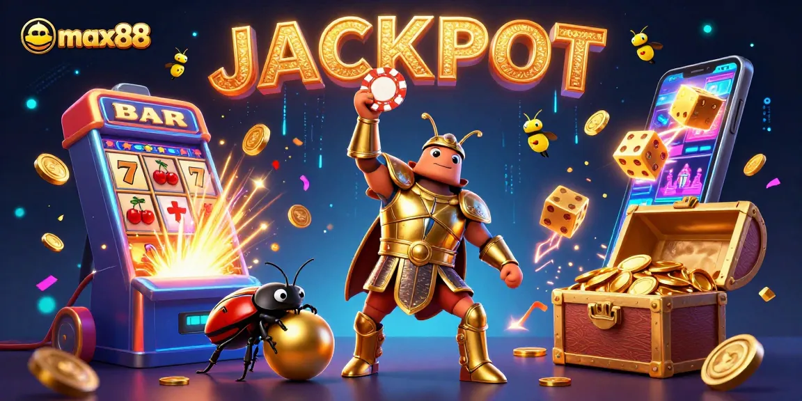 Celebrate winning at max88 with vibrant 3D casino scene featuring poker chips, jackpots, and dynamic game elements.