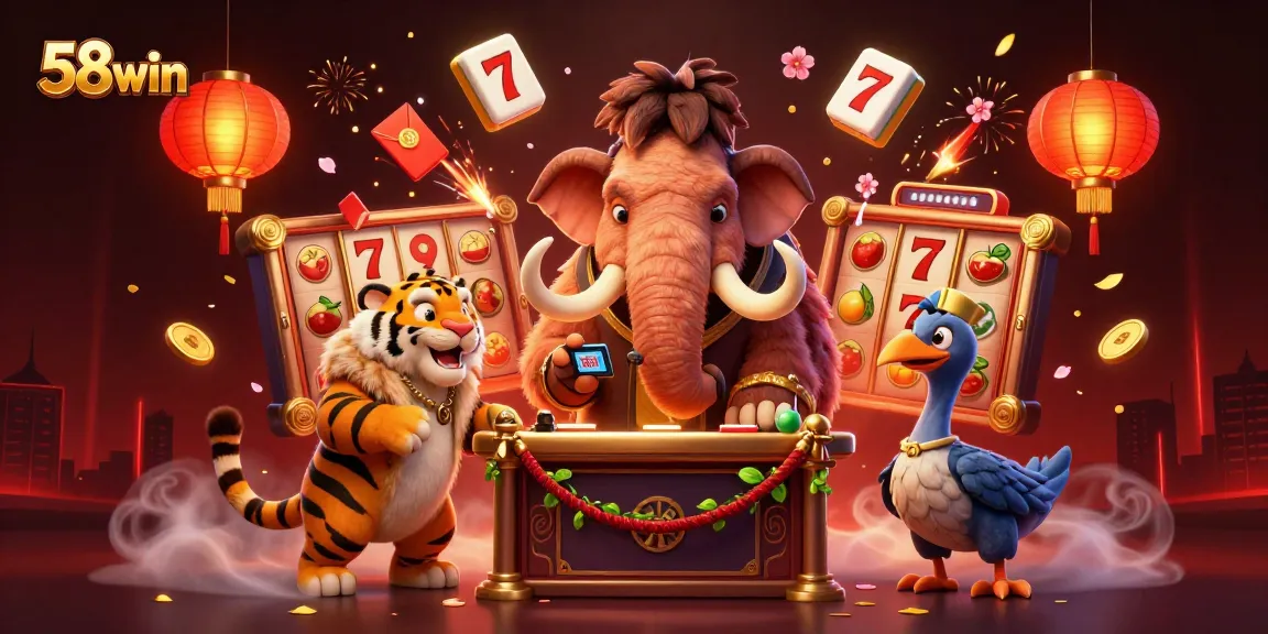 Engage with 58win's thrilling casino experience featuring a woolly mammoth bouncer and VIP guests.