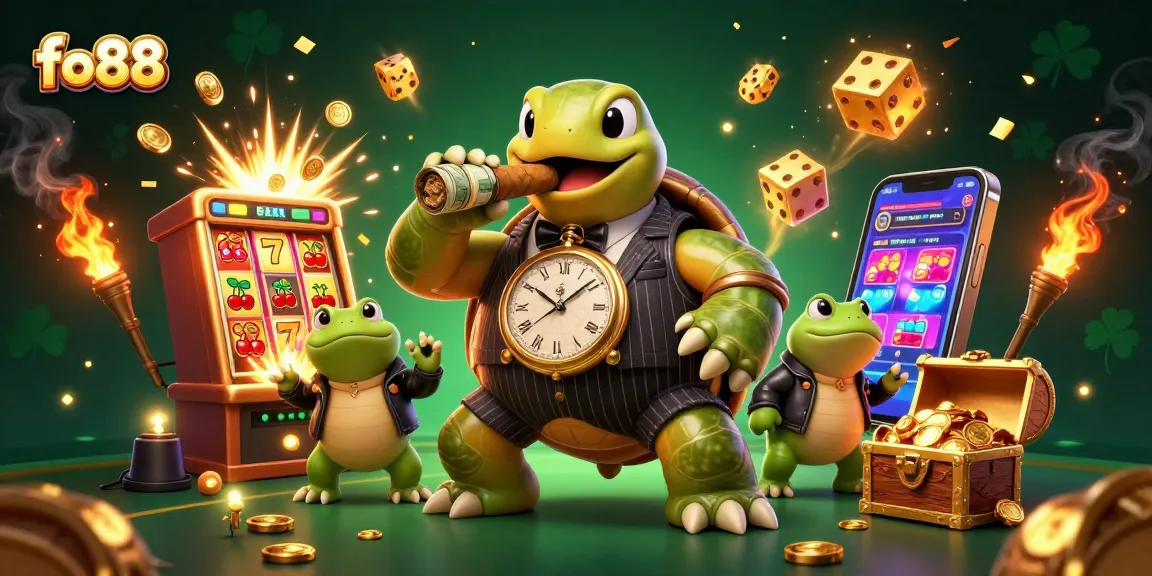 Experience thrilling action at fo88 with a playful turtle and bullfrog enforcers amidst jackpot excitement.