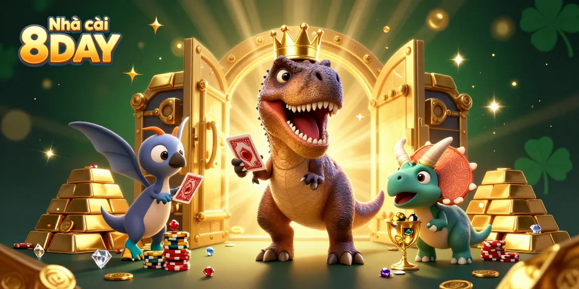 Experience the fun at Nhà cái 8DAY with friendly dinosaurs enjoying card games and gambling treasures.