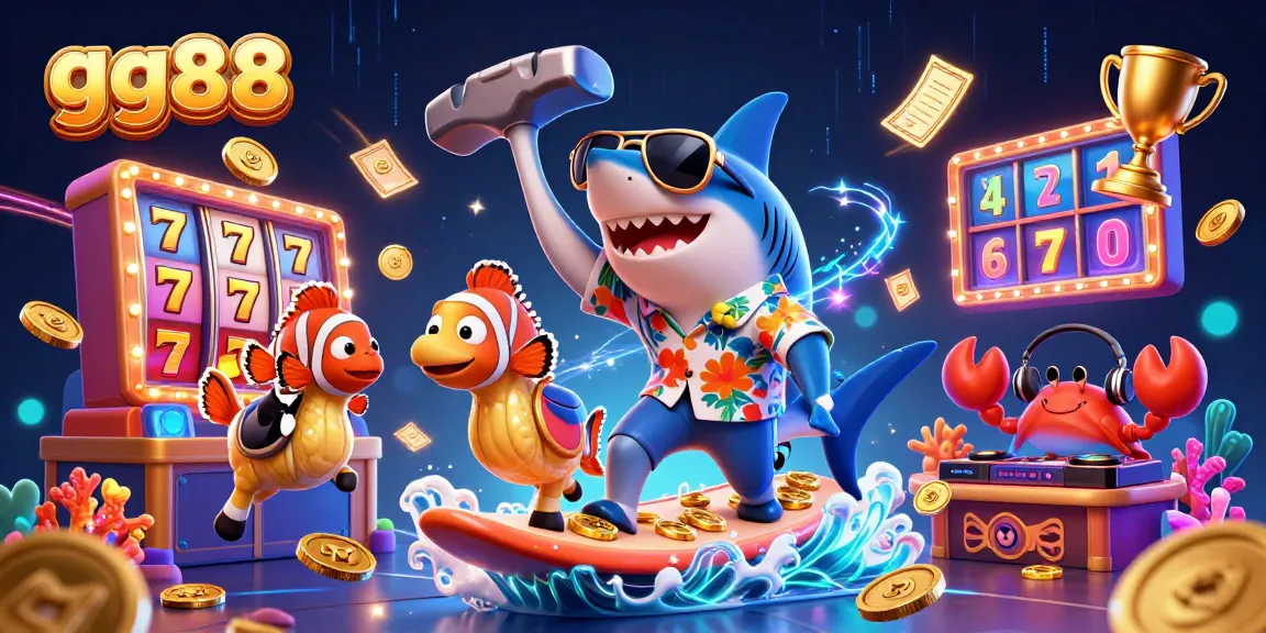 Engage with gg88's exciting online gaming experience with a dynamic scene of a shark, clownfish, and crab amidst vibrant casino elements.