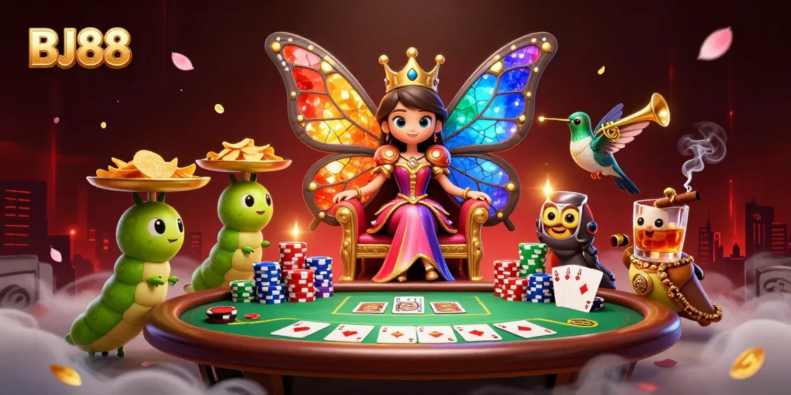 Engage in exciting gameplay at BJ88 with a lively 3D illustration of a butterfly queen and vibrant casino elements.